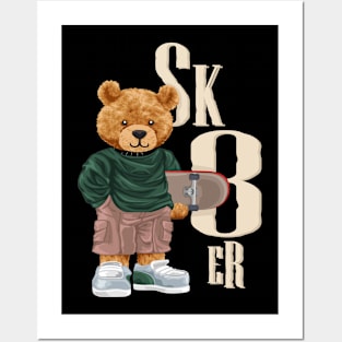 teddy bear cartoon in skater style holding skateboard Posters and Art